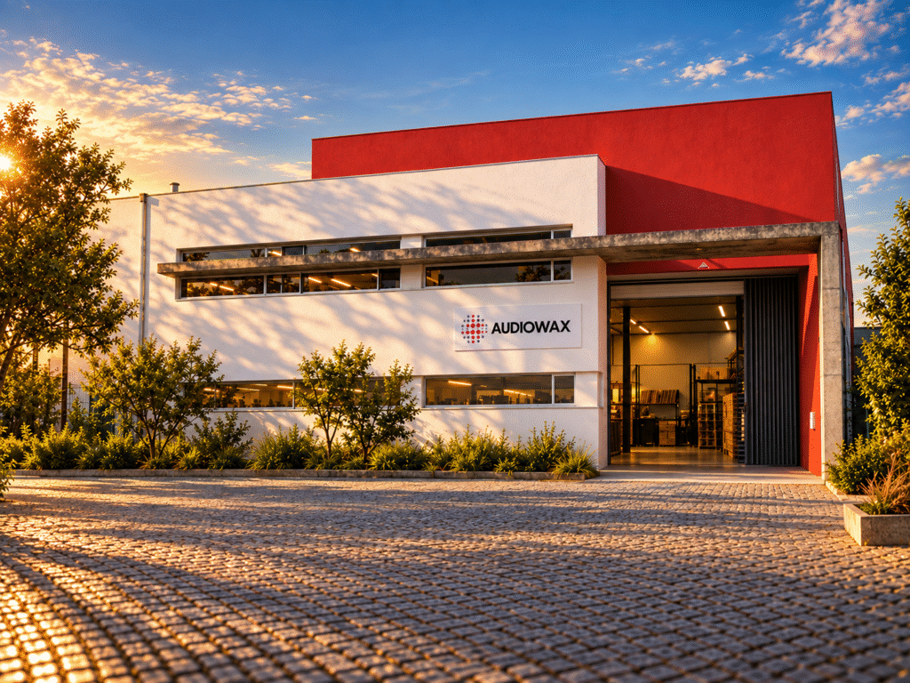 Fachada exterior da fábrica Audiowax na Maia ao final do dia