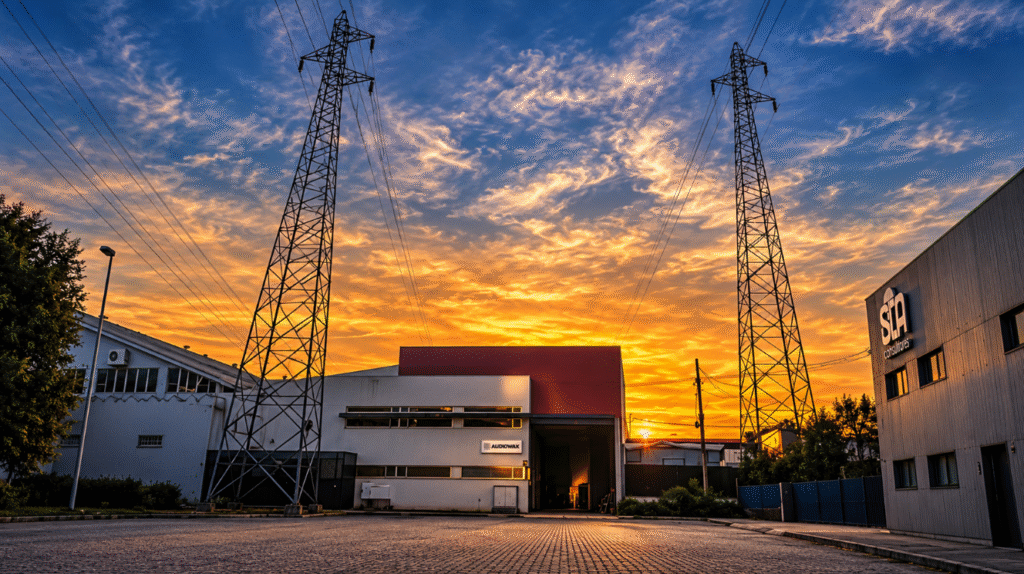 Exterior da fábrica Audiowax ao pôr do sol