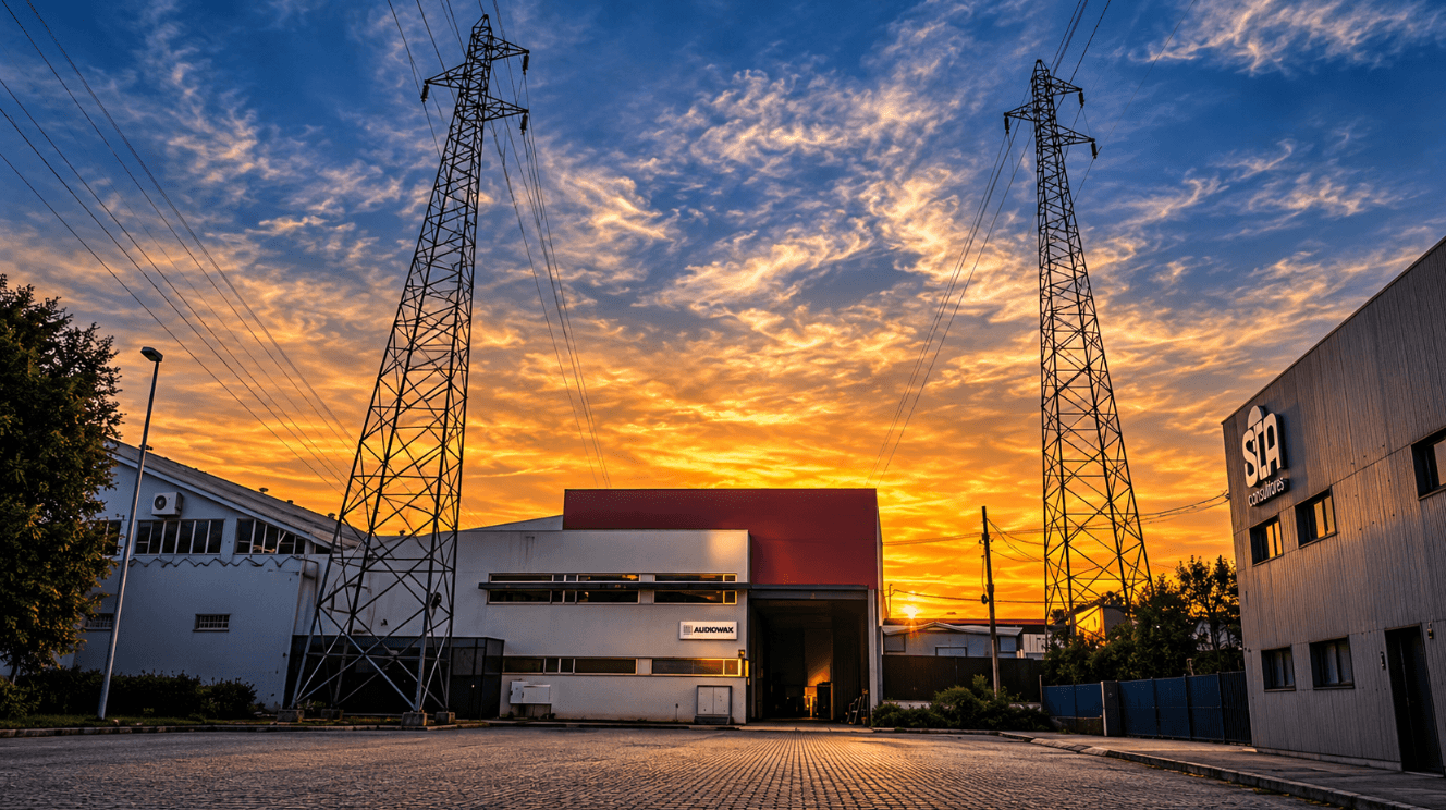Exterior da fábrica Audiowax ao pôr do sol