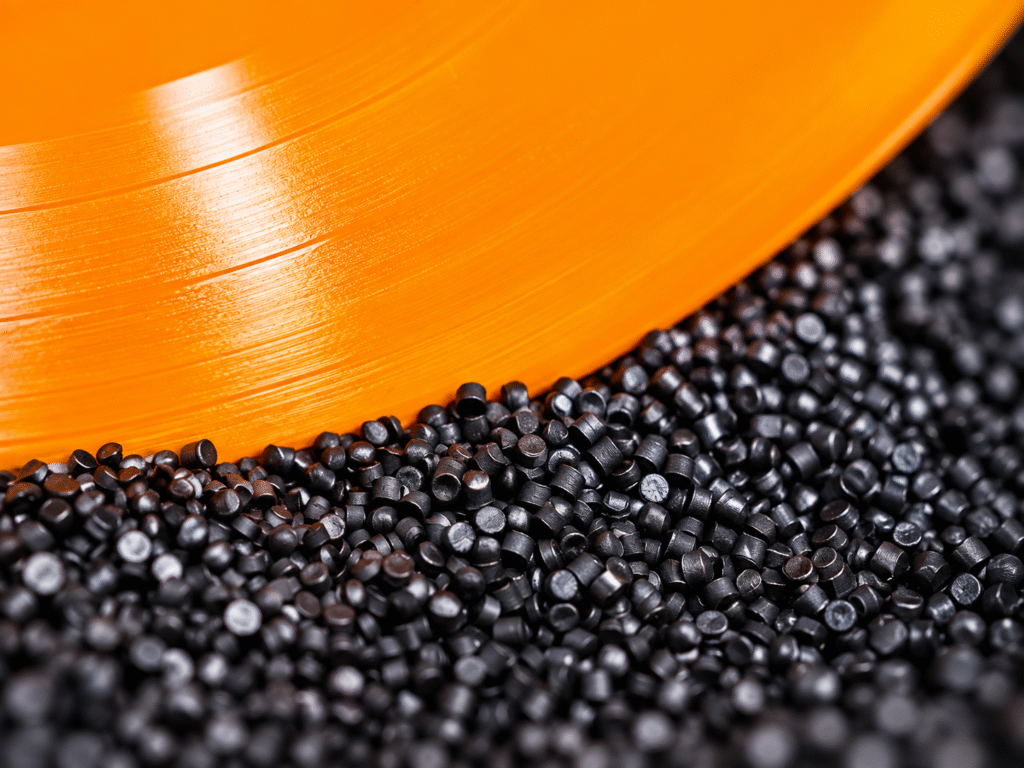 Granulado preto de matéria-prima junto a um disco de vinil laranja