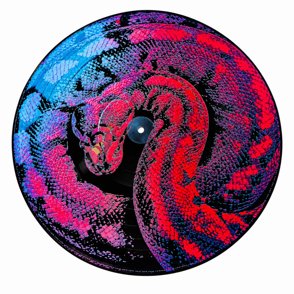 Disco de vinil com efeito gráfico colorido em vermelho, azul e preto