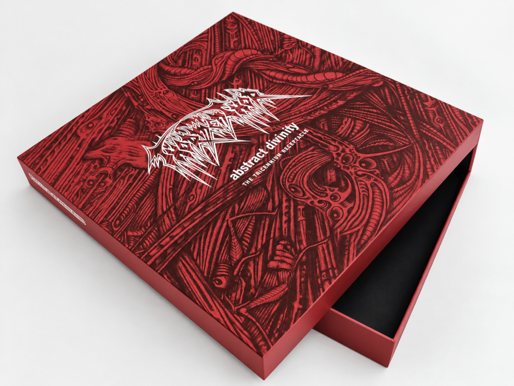 Box set vermelho com acabamento gráfico para uma edição em vinil