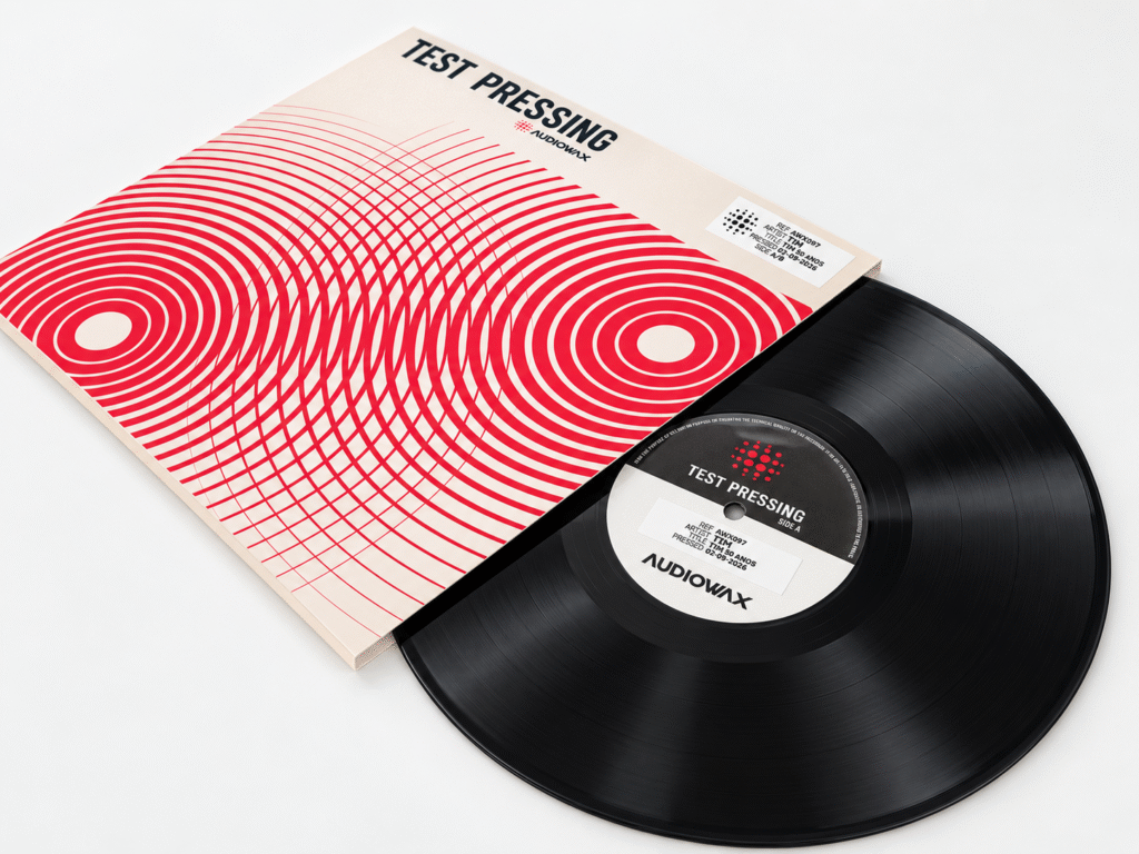 Test Pressing Audiowax com disco preto e capa de identificação vermelha e branca